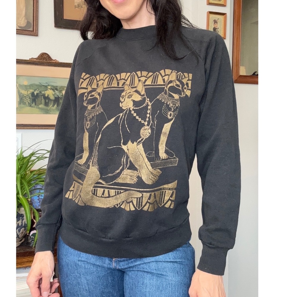 Vintage 1989 80s 90s Screen Stars Egyptian Cats Sweatshirt Gold Graphic Black - Picture 4 of 8